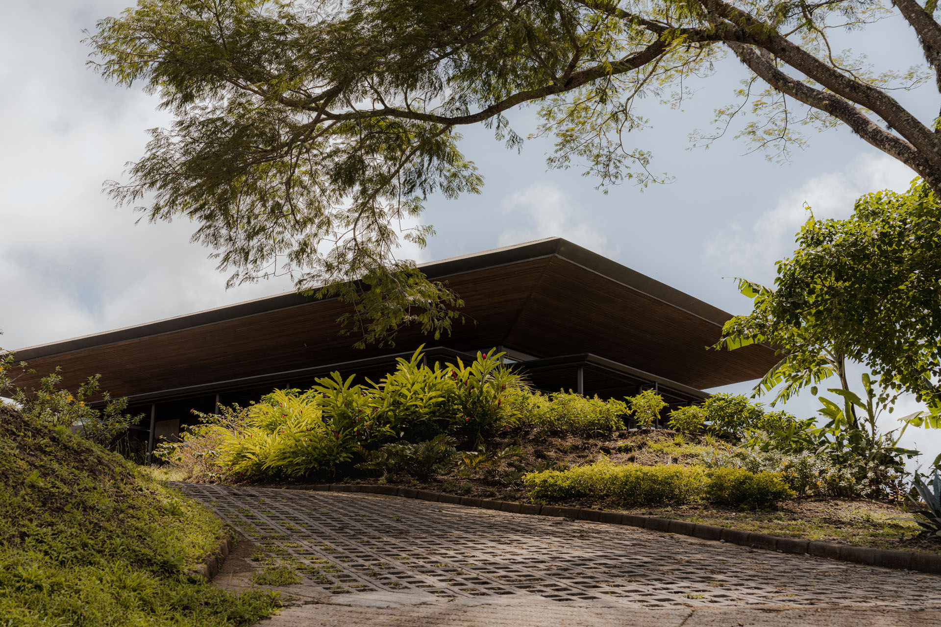 Stone paver driveway winding up a landscaped hill toward the large timber pavilion roof of Dos Vistas in Cabuya, Costa Rica designed by Studio Saxe.